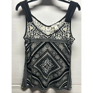 White House Black Market Scarf Print Tank Top Size S Black White V-Neck Shell